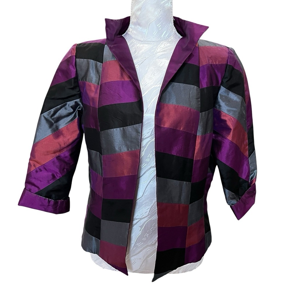 Marisa Baratelli Sz 8 Thai Silk Structured Purple Patchwork Statement Blazer